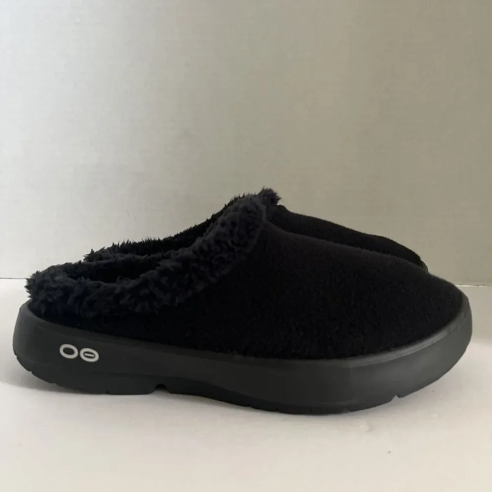 OOFOS OOmg Luxe Clog Men Black Brand New Recovery Faux Fur Slipper Comfort SZ 10
